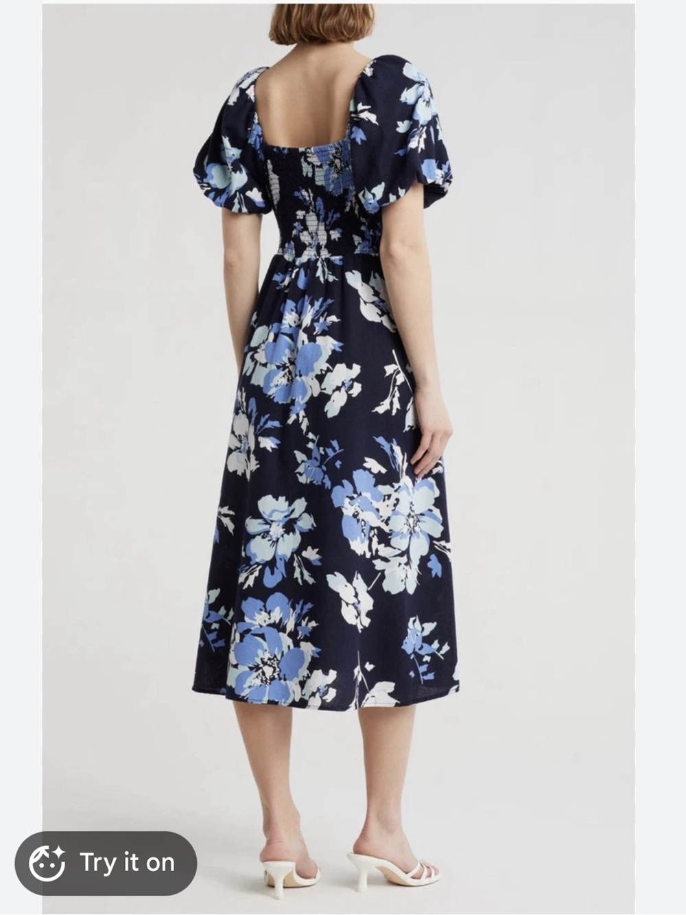 Ellen Tracy Navy Floral Puff-Sleeve Midi Dress